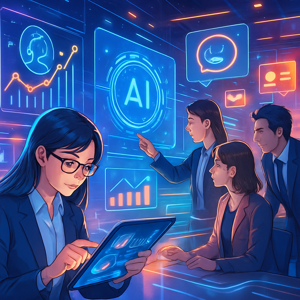 anime The image features a futuristic digital landscape with vibrant colors and abstract shapes representing Artificial Intelligence and customer expe-1